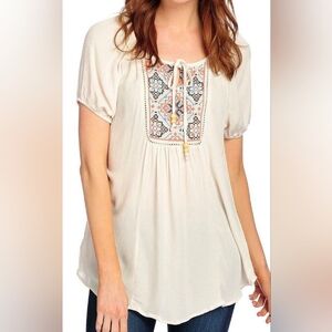ANTHROPOLOGIE Live and Let Live Cream Embroidered Tunic